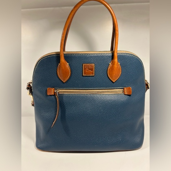 Dooney & Bourke Pebble Grain Leather Satchel Navy Blue Tan Trim Crossbody Purse - Picture 4 of 16